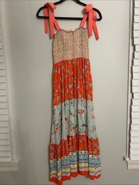 Boho Tiered Maxi Dress with Coral Accents